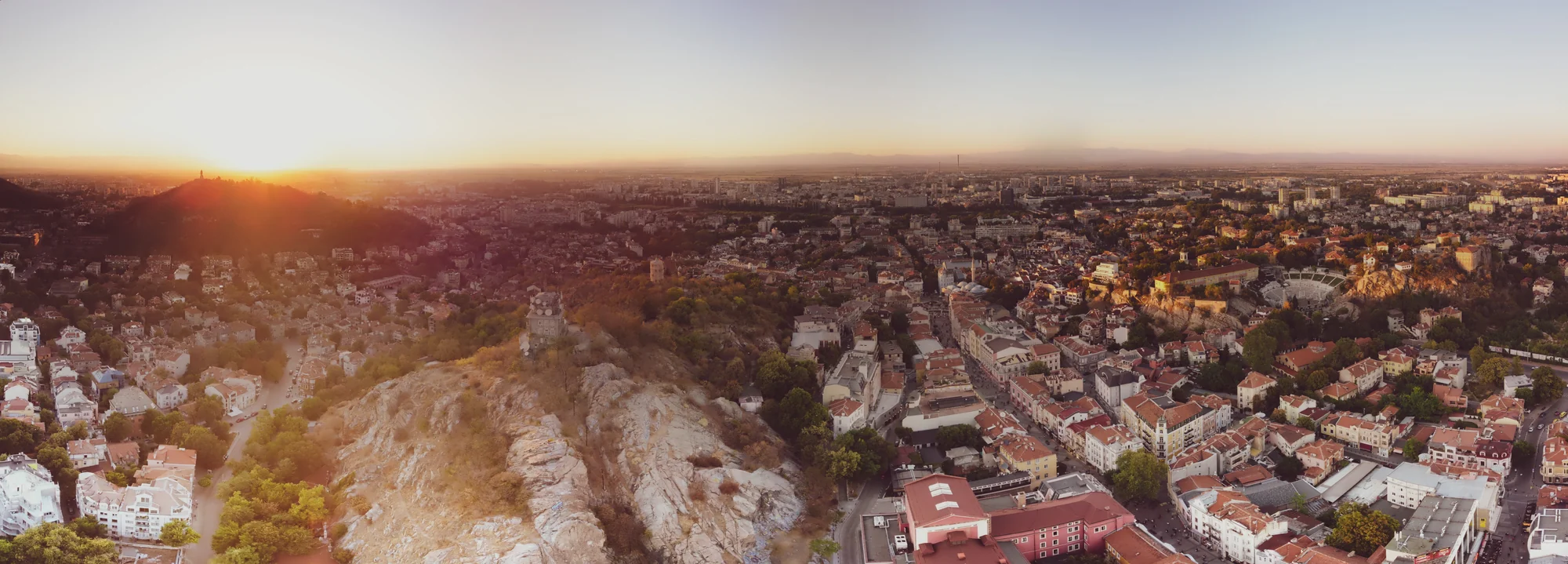 Sunset panorama over Plovdiv and the Roman Theatre district