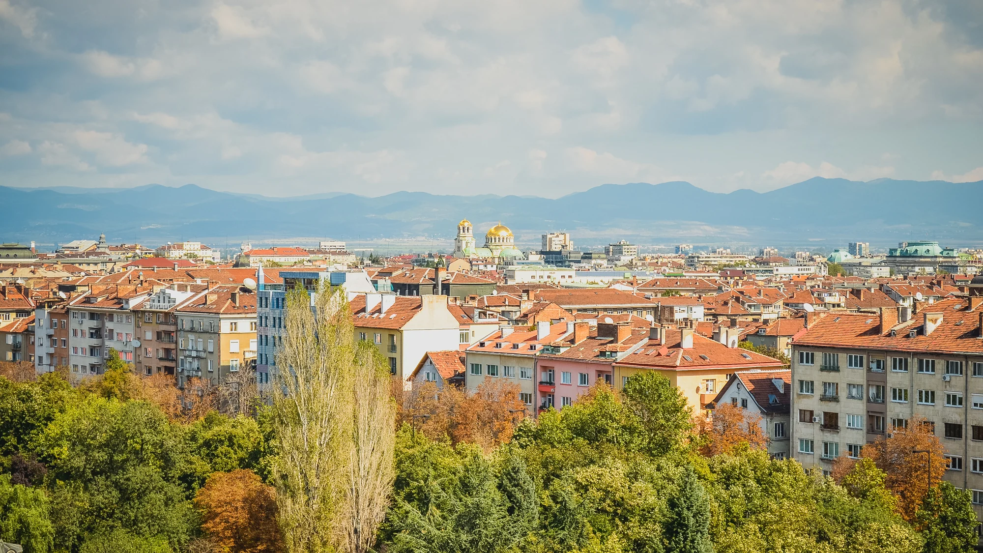 Central Sofia skyline with Alexander Nevsky Cathedral and Vitosha Mountain